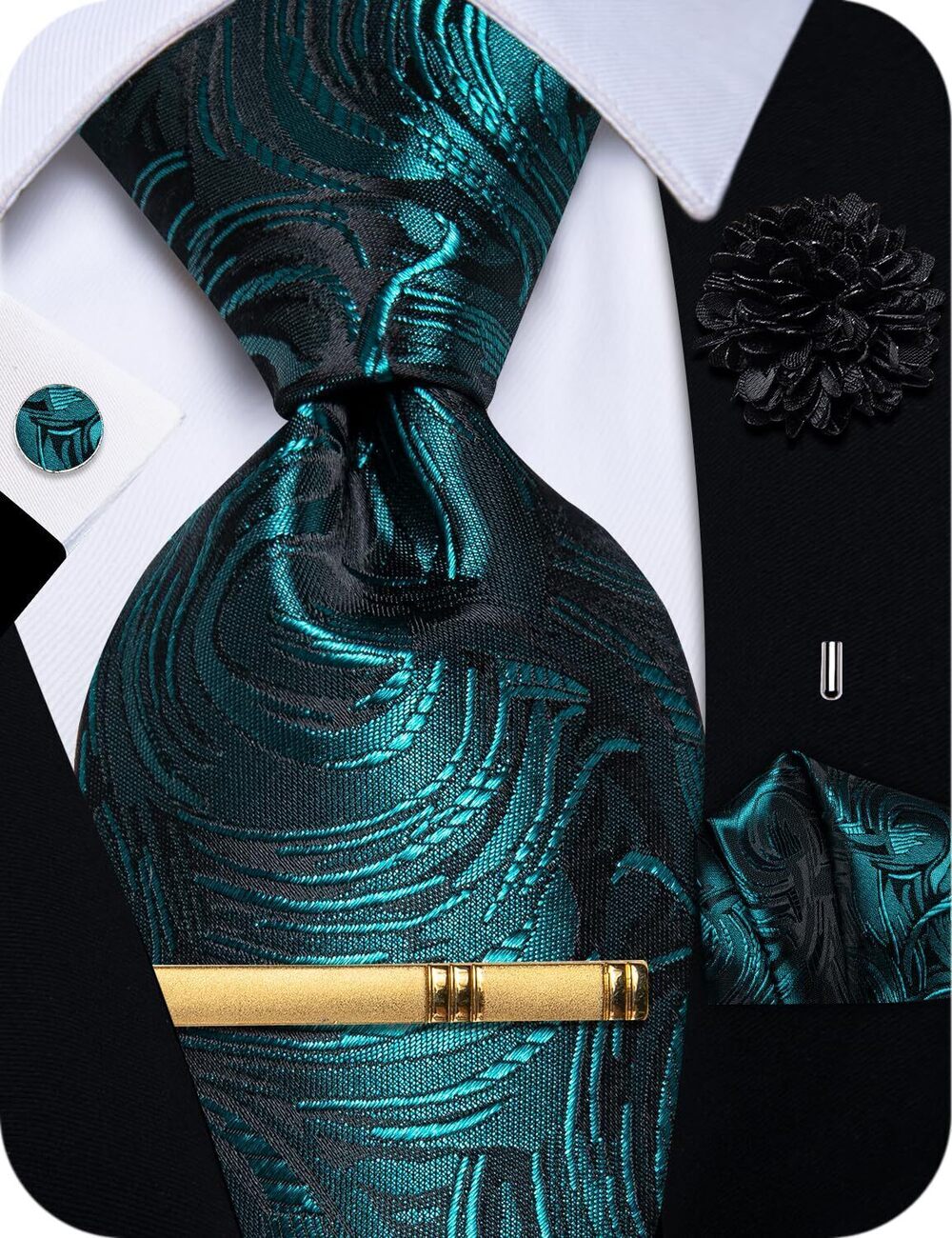 2736 Teal Silk Tie Woven Floral Neckties and Pocket Square with Lapel Pin